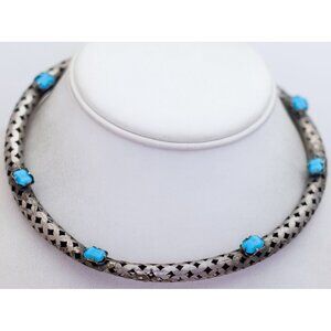 16 inch, Vintage Blue Beads Silver Tone Crisscross Choker Necklace - VX9